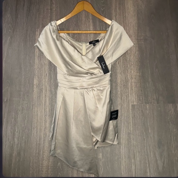 Lulus NWT Champagne Satin Off Shoulder Mini Dress XS - Picture 2 of 3